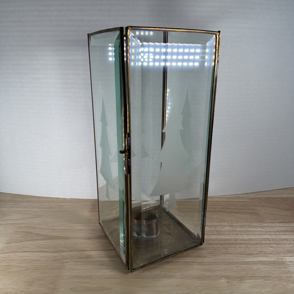 Vintage BRASS LANTERN CANDLEHOLDER w/ Xmas Tree Etched Glass 70s Style 10" Tall